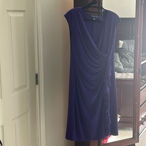 Purple cocktail dress with v neck and ruched ruffled front